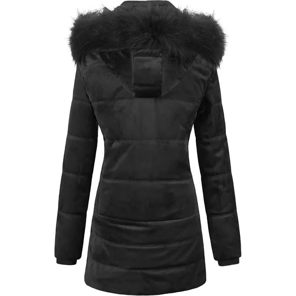 Women's Black Winter Warm Coat Velvet Quilted Faux Fur Hood Puffer Jacket